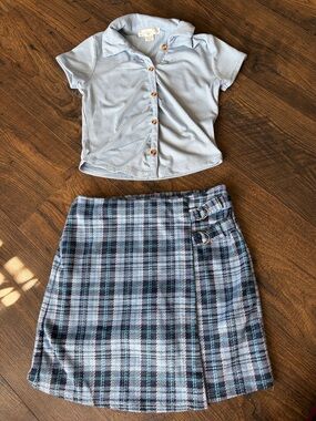Light Blue Plaid Wrap Mini Skirt with top